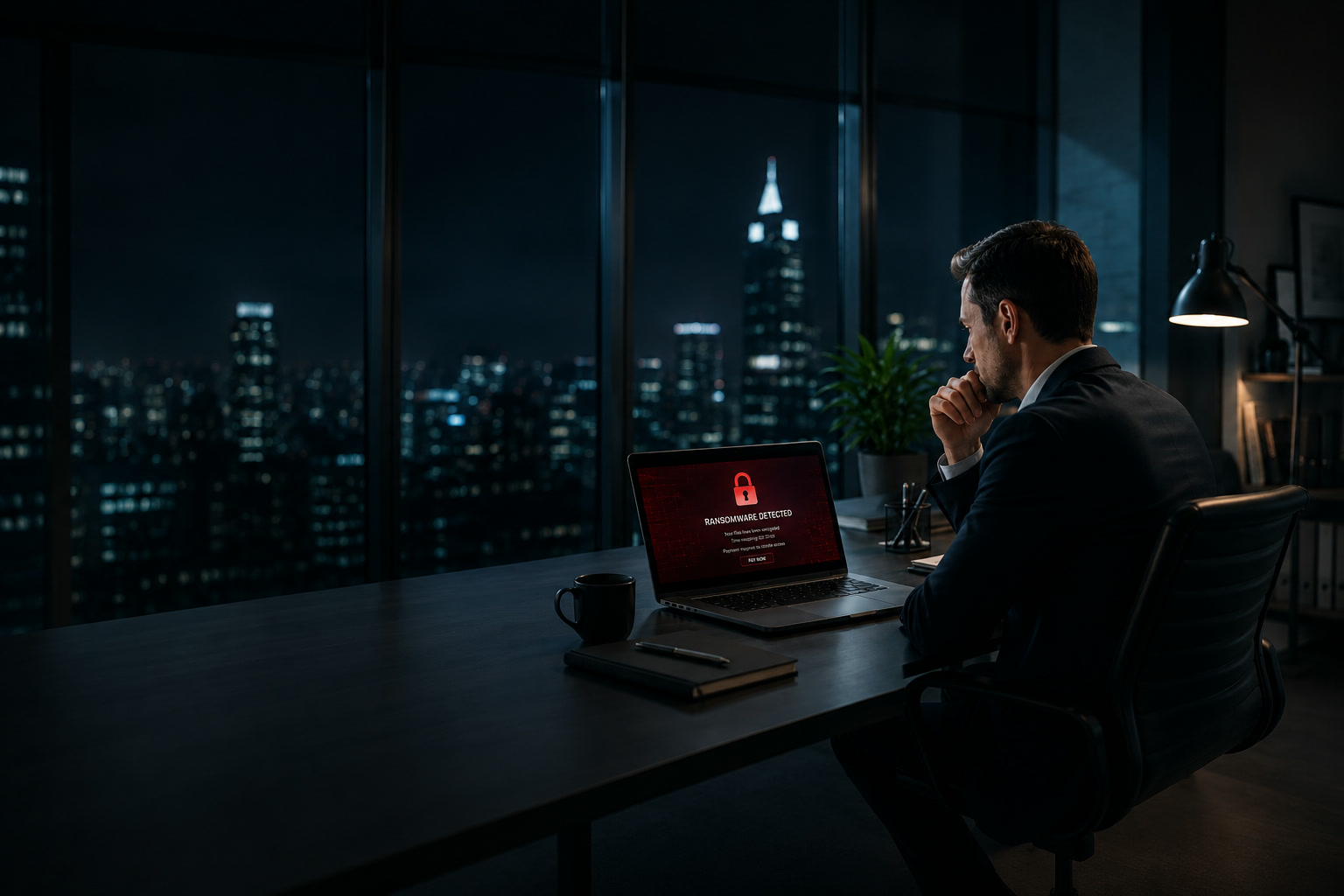 Person am Arbeitsplatz mit Ransomware-Warnung auf dem Laptop
